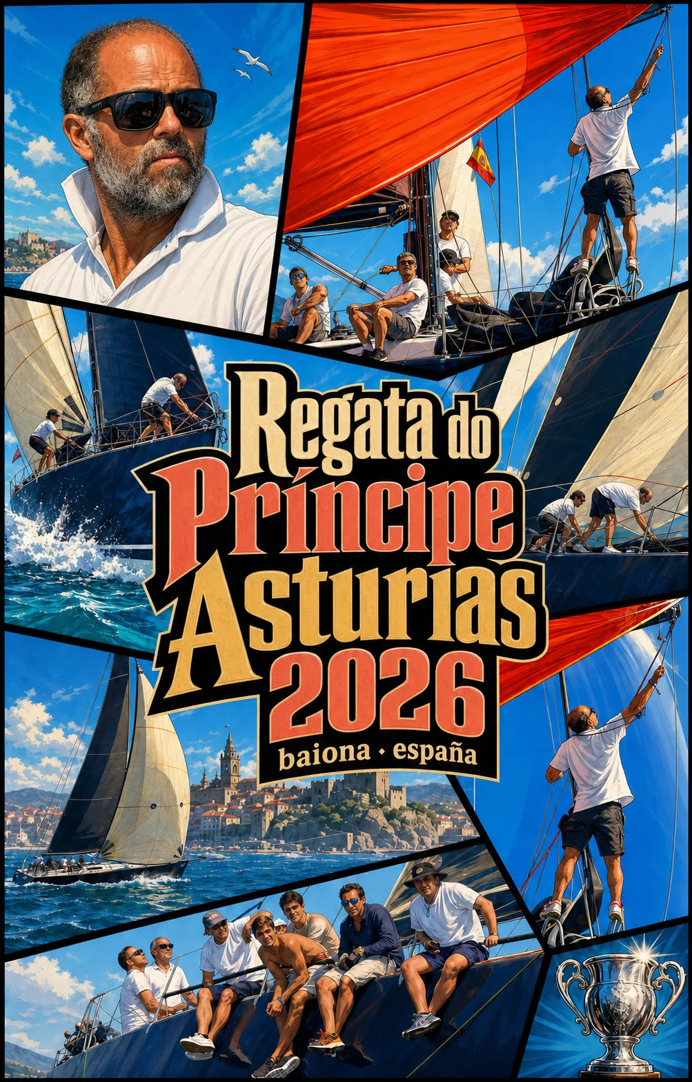 Cartaz ilustrado: Regata do Príncipe Astúrias 2026, Baiona, Espanha. Tripulações a bordo de veleiros de regata, a vila de Baiona e o troféu.